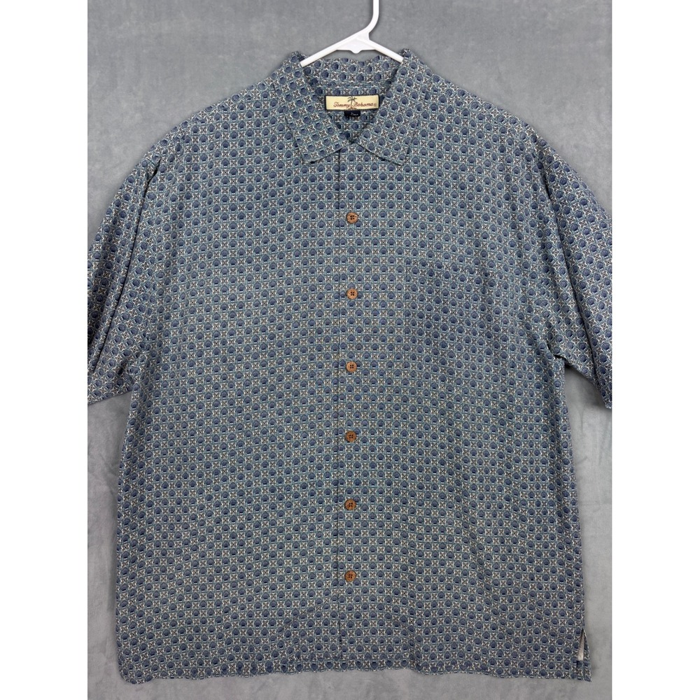 Tommy Bahama Mens Large Blue Silk Seashell Geometric Print Button Up Camp Shirt